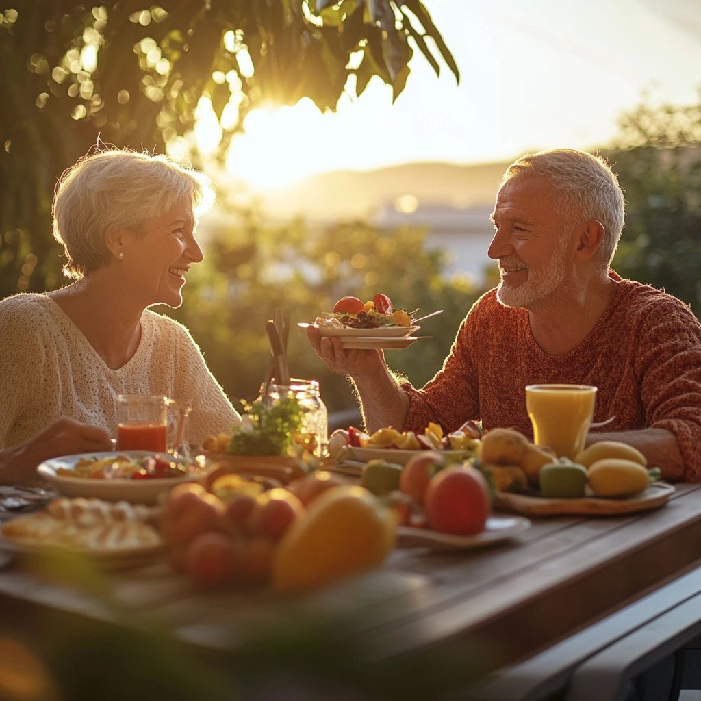 Щаслива літня пара насолоджується здоровим сніданком на терасі